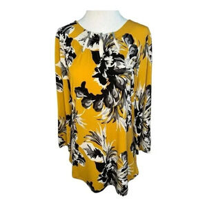 New York & Company Women's Mustard Yellow Floral Blouse‎ Size Medium Long Sleeve